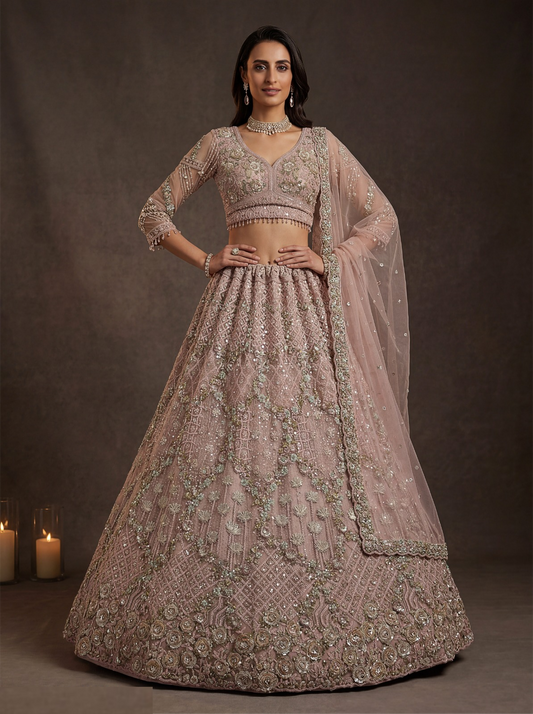 Gleaming Powder Pink Net Multi Thread Embroidery Sequins Zicorn Diamond Work Bridal Lehenga