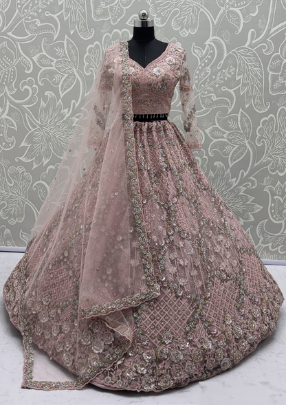 Gleaming Powder Pink Net Multi Thread Embroidery Sequins Zicorn Diamond Work Bridal Lehenga