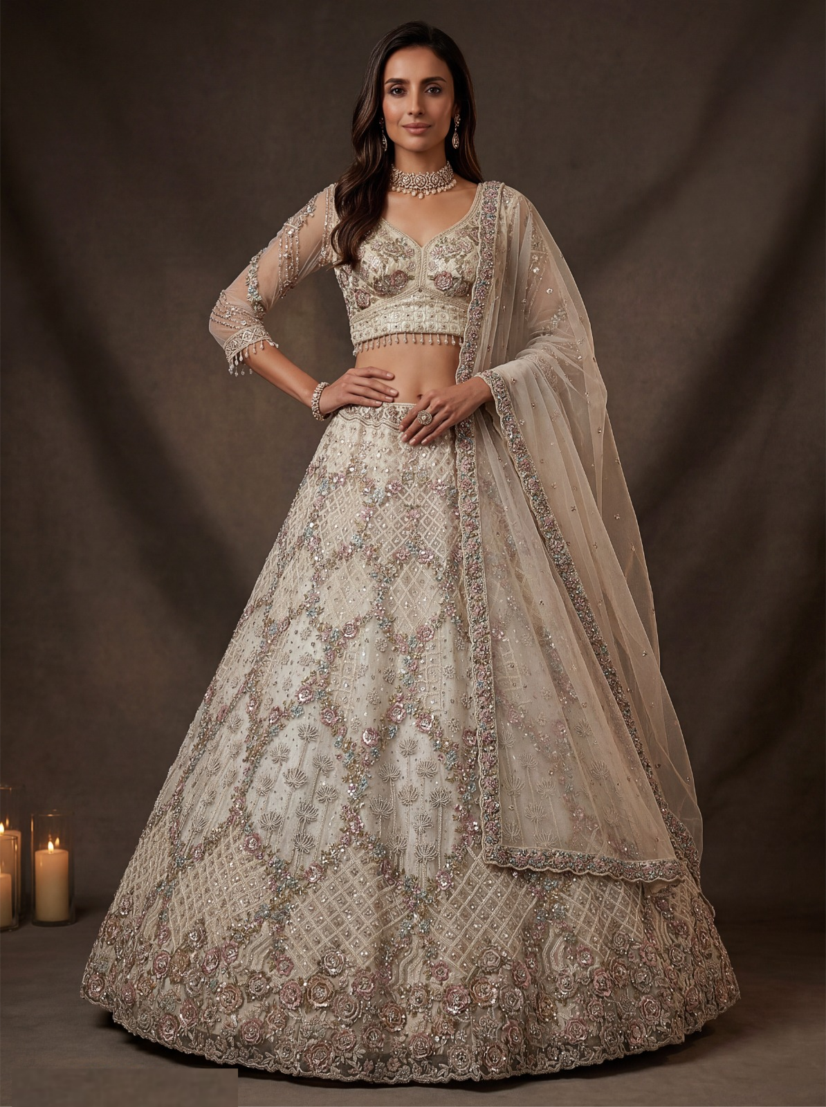 Opalescent Cream Net Multi Thread Embroidery Sequins Zicorn Diamond Work Bridal Lehenga