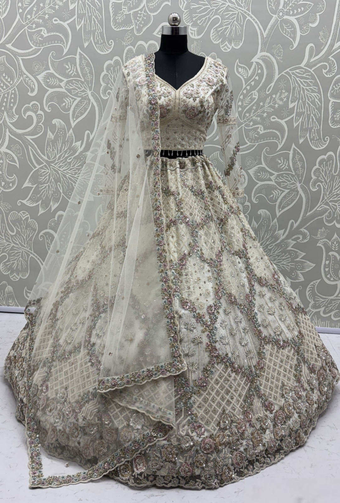 Opalescent Cream Net Multi Thread Embroidery Sequins Zicorn Diamond Work Bridal Lehenga