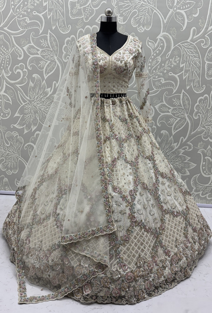 Opalescent Cream Net Multi Thread Embroidery Sequins Zicorn Diamond Work Bridal Lehenga