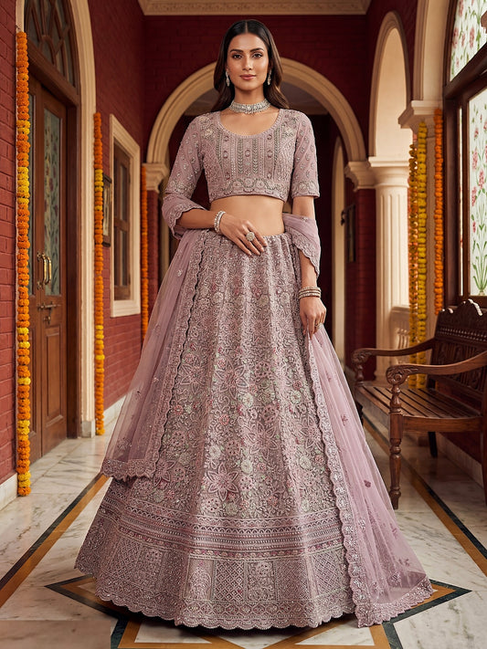 Contemporary Lilac Net Multi Thread Embroidery Sequins Zicorn Diamond Work Bridal Lehenga