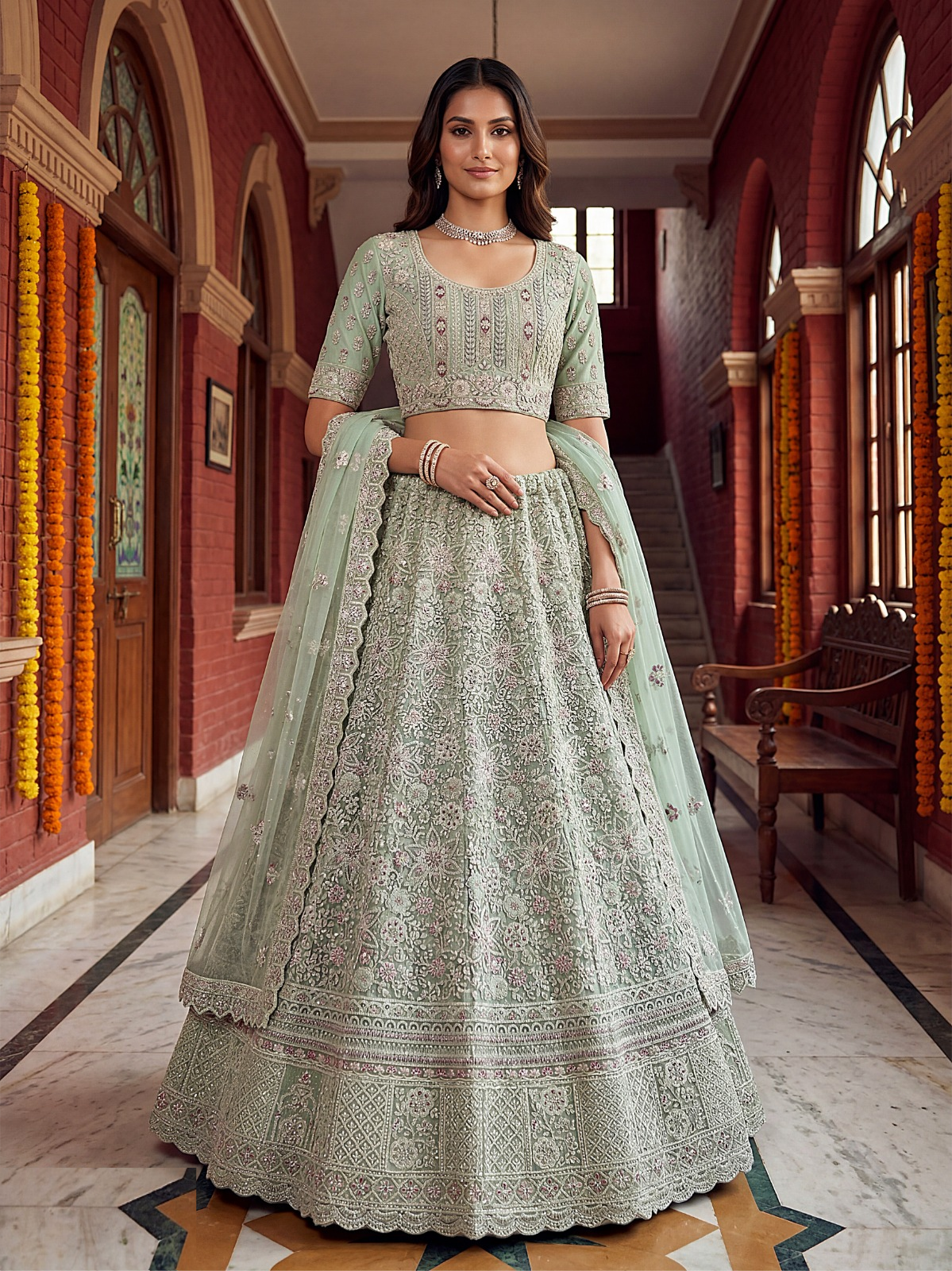 Understated Light Green Net Multi Thread Embroidery Sequins Zicorn Diamond Work Bridal Lehenga