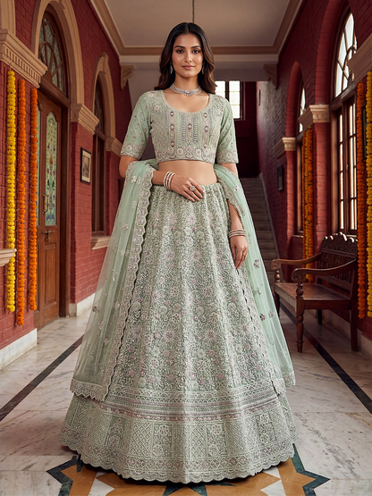 Understated Light Green Net Multi Thread Embroidery Sequins Zicorn Diamond Work Bridal Lehenga