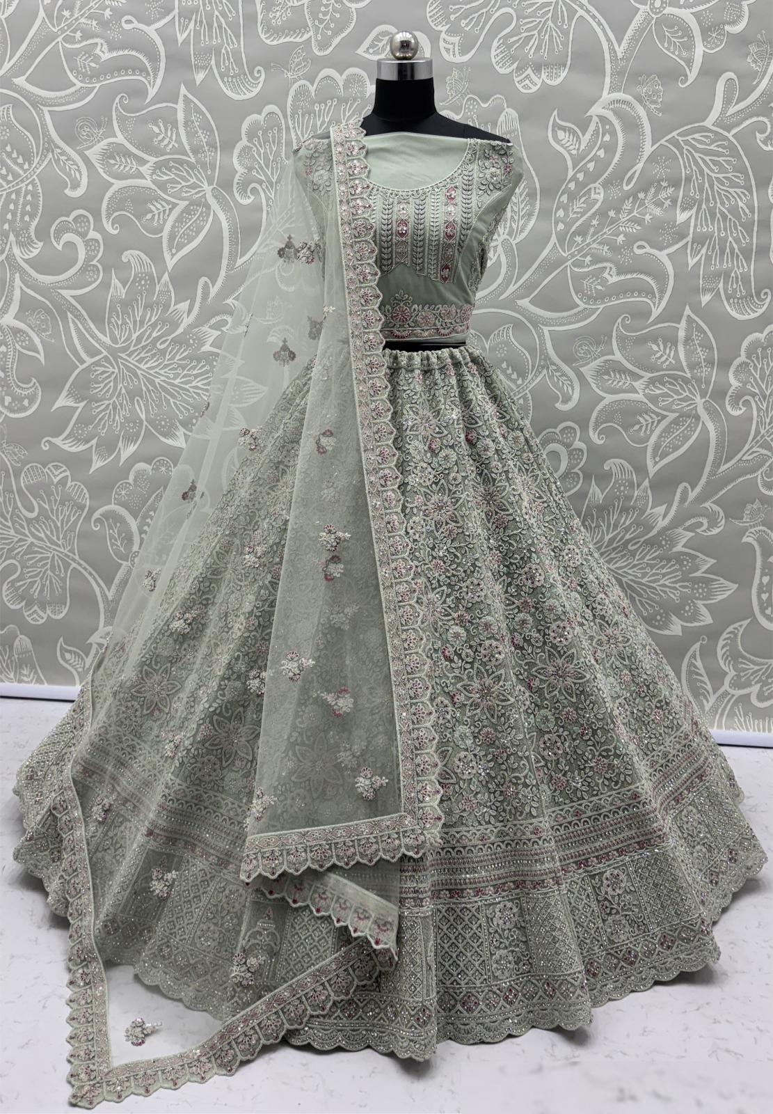 Understated Light Green Net Multi Thread Embroidery Sequins Zicorn Diamond Work Bridal Lehenga