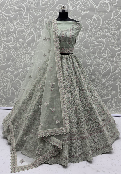 Understated Light Green Net Multi Thread Embroidery Sequins Zicorn Diamond Work Bridal Lehenga
