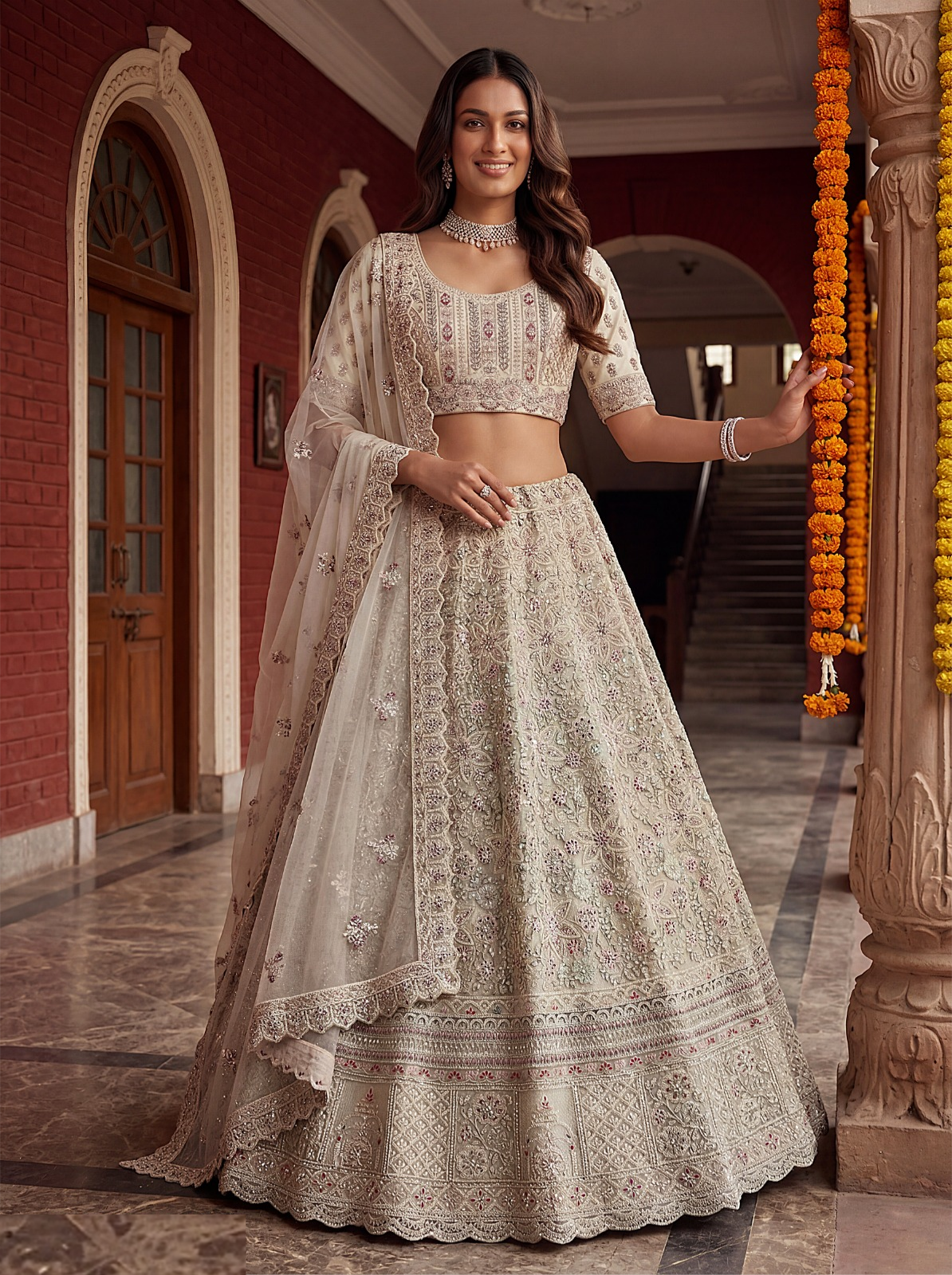 Alluring Cream Net Multi Thread Embroidery Sequins Zicorn Diamond Work Bridal Lehenga
