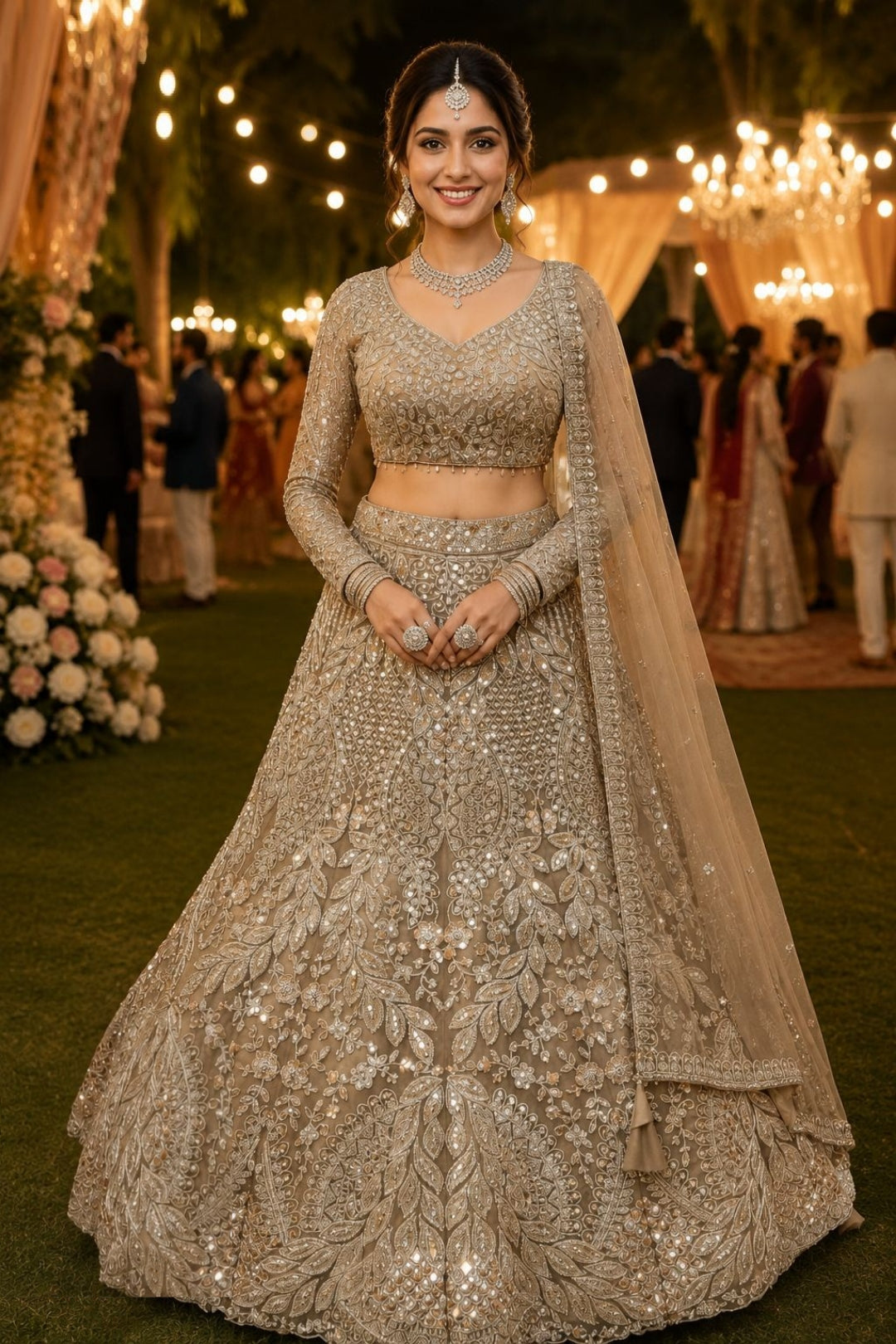 Exquisite Beige Net Thread With Embroidery Work Bridal Lehenga