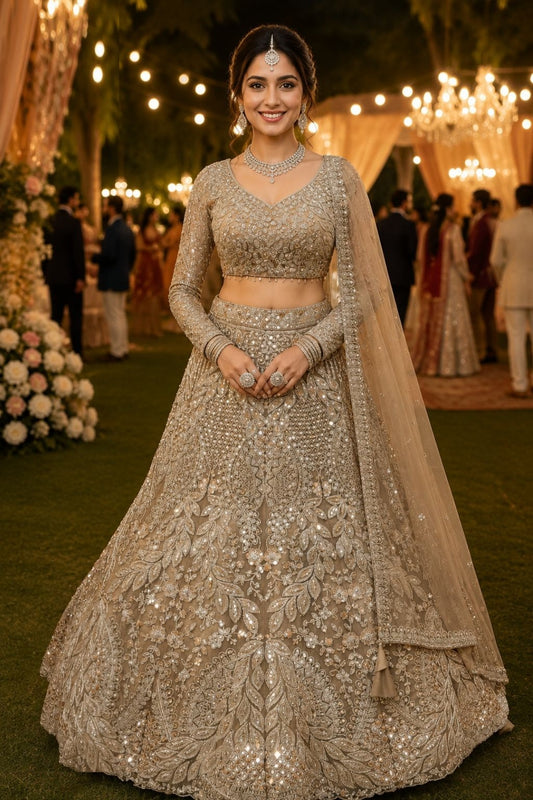 Exquisite Beige Net Thread With Embroidery Work Bridal Lehenga