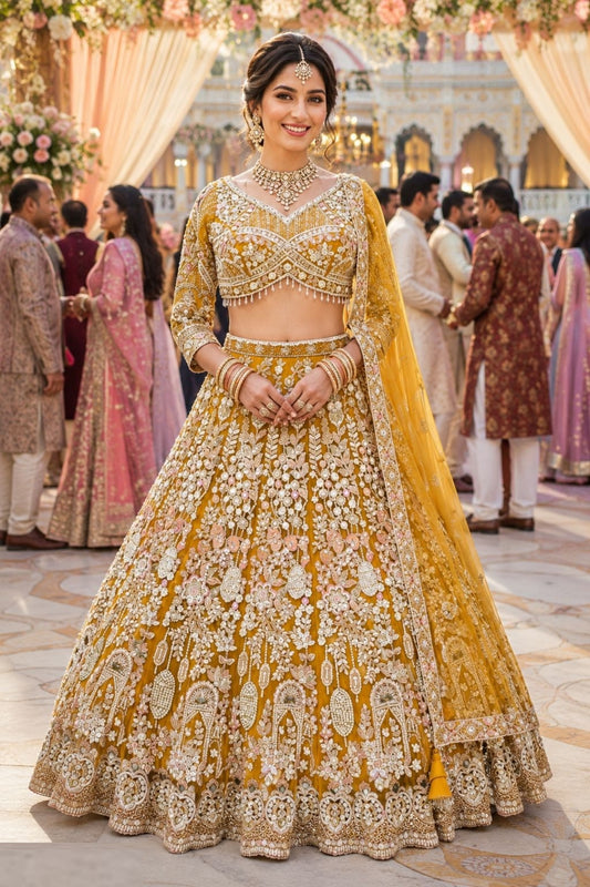 Classy Mustard Net With Thread Embroidery Work Bridal Lehenga