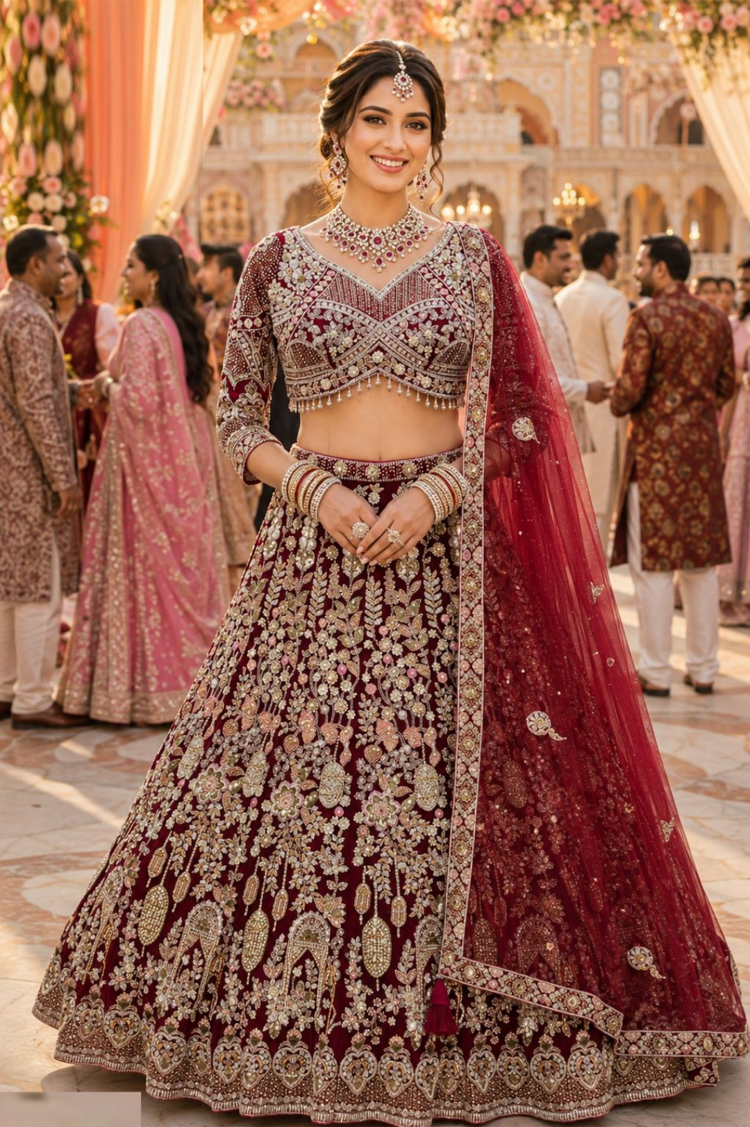 Stylish Maroon Net With Thread Embroidery Work Bridal Lehenga