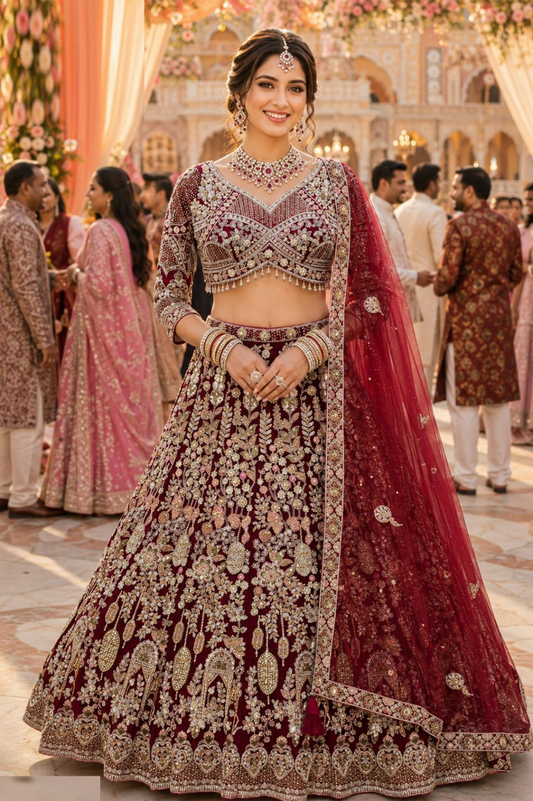 Stylish Maroon Net With Thread Embroidery Work Bridal Lehenga