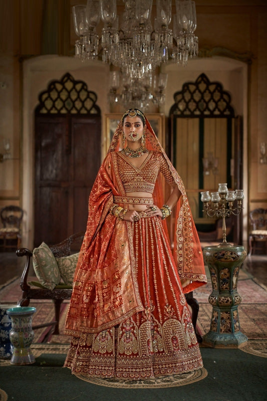 Graceful Red Silk Embroidery Zari Weaving Work Semi Stitched Bridal Lehenga