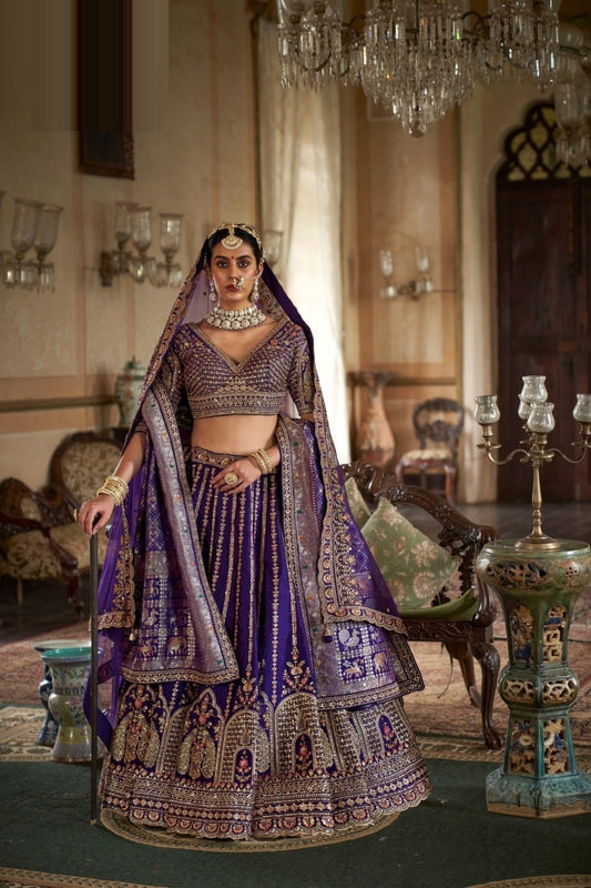 Luxurious Ink Blue Silk Embroidery Zari Weaving Work Semi Stitched Bridal Lehenga