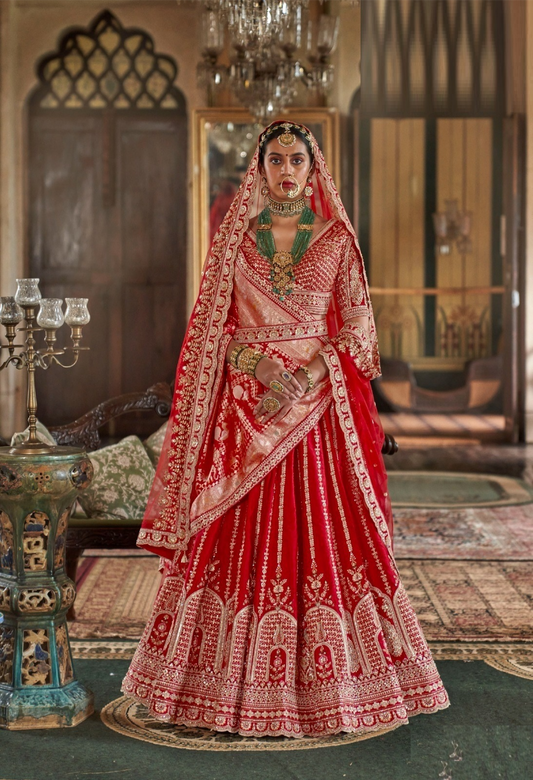 Trendy Red Silk Embroidery Zari Weaving Work Semi Stitched Bridal Lehenga