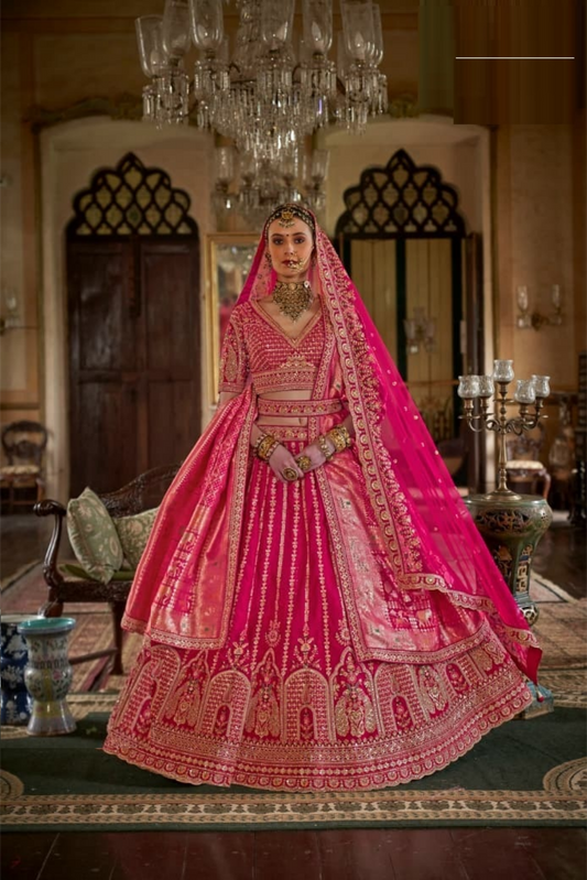 Glamorous Pink Silk Embroidery Zari Weaving Work Semi Stitched Bridal Lehenga