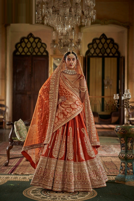 Flawless Rust Silk Embroidery Zari Weaving Work Semi Stitched Bridal Lehenga