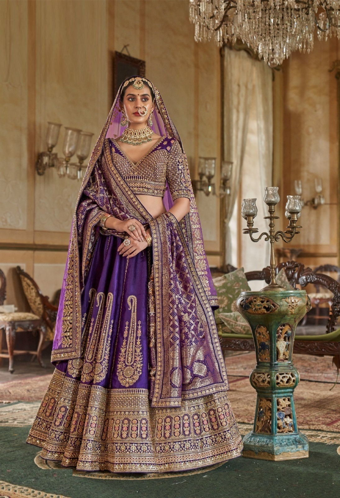 Dazzling Purple Silk Embroidery Zari Weaving Work Semi Stitched Bridal Lehenga