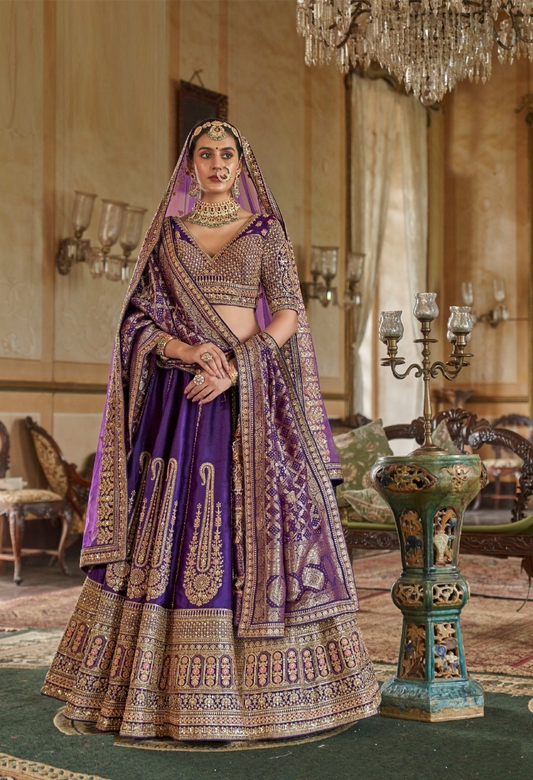 Dazzling Purple Silk Embroidery Zari Weaving Work Semi Stitched Bridal Lehenga