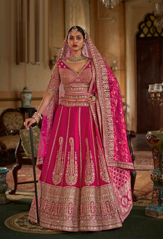 Amazing Pink Silk Embroidery Zari Weaving Work Semi Stitched Bridal Lehenga