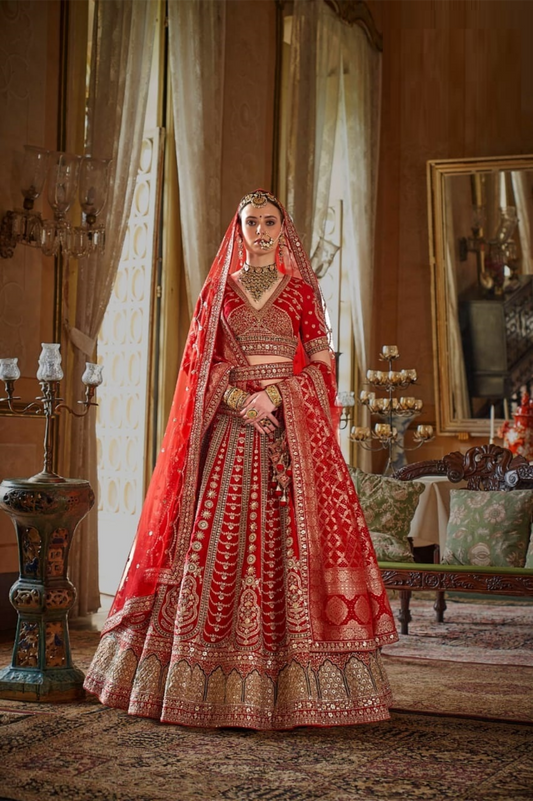 Beautiful Red Silk Embroidery Zari Weaving Work Semi Stitched Bridal Lehenga