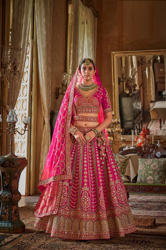 Fantastic Pink Silk Embroidery Zari Weaving Work Semi Stitched Bridal Lehenga