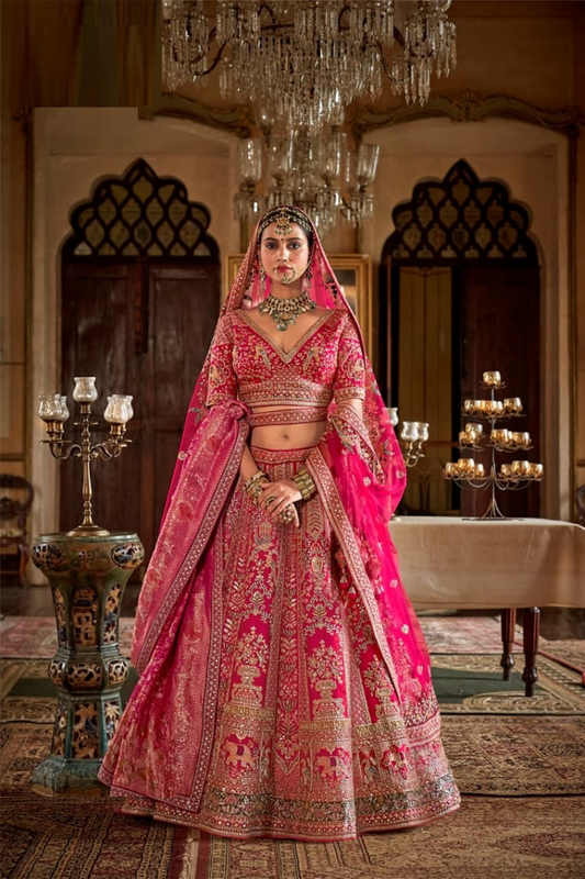 Gorgeous Pink Silk Embroidery Zari Weaving Work Semi Stitched Bridal Lehenga