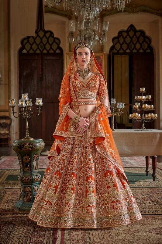 Stunnig Orange Silk Embroidery Zari Weaving Work Semi Stitched Bridal Lehenga