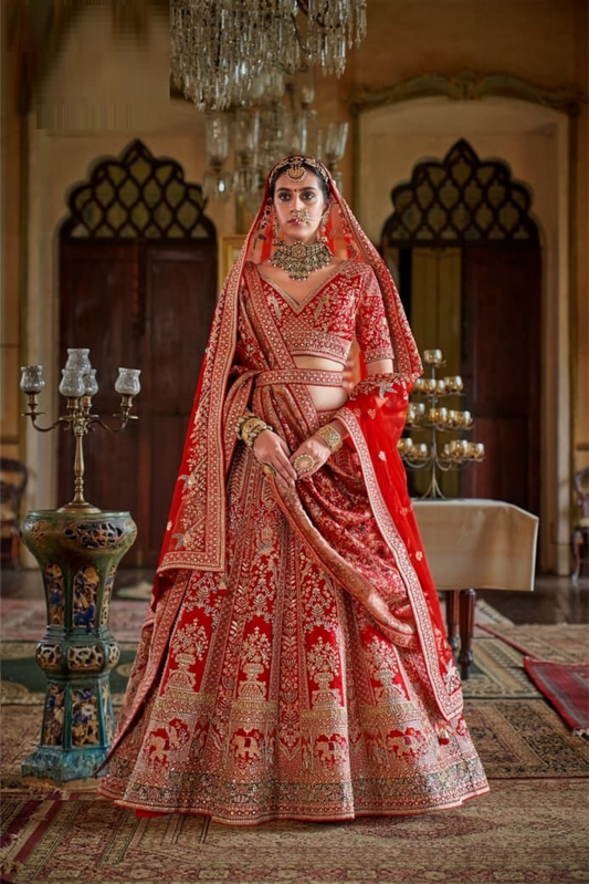 Charming Red Silk Embroidery Zari Weaving Work Semi Stitched Bridal Lehenga