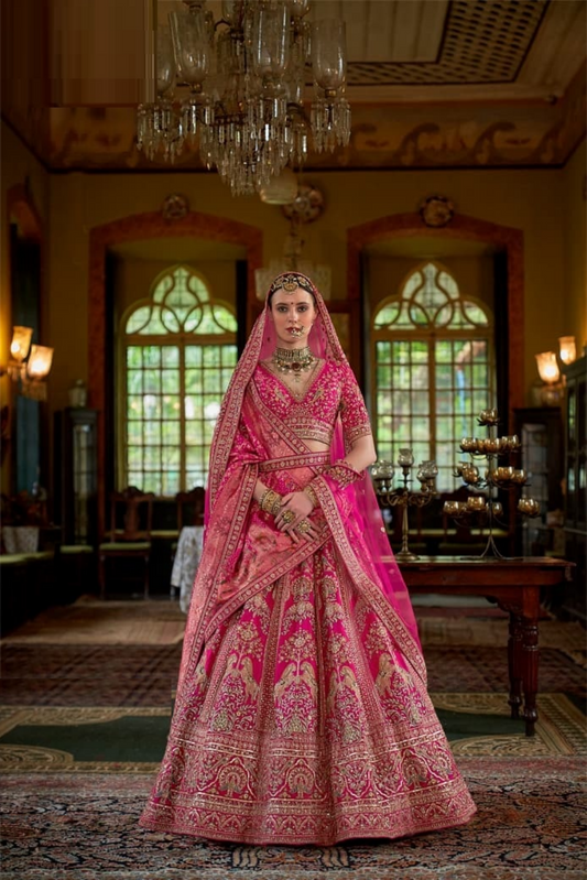 Stylish Pink Silk Embroidery Zari Weaving Work Semi Stitched Bridal Lehenga