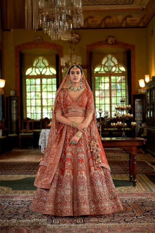 Breathtaking Rust Silk Embroidery Zari Weaving Work Semi Stitched Bridal Lehenga