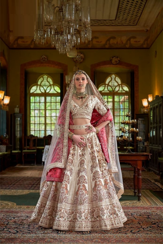 Enchanting Off White Silk Embroidery Zari Weaving Work Semi Stitched Bridal Lehenga