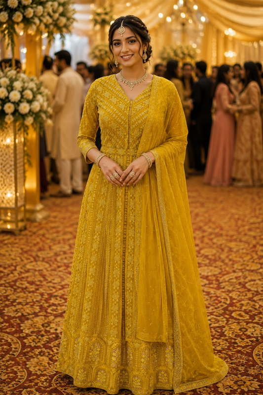 Flawless Mustard Georgette With Embroidery Work Gown With Dupatta