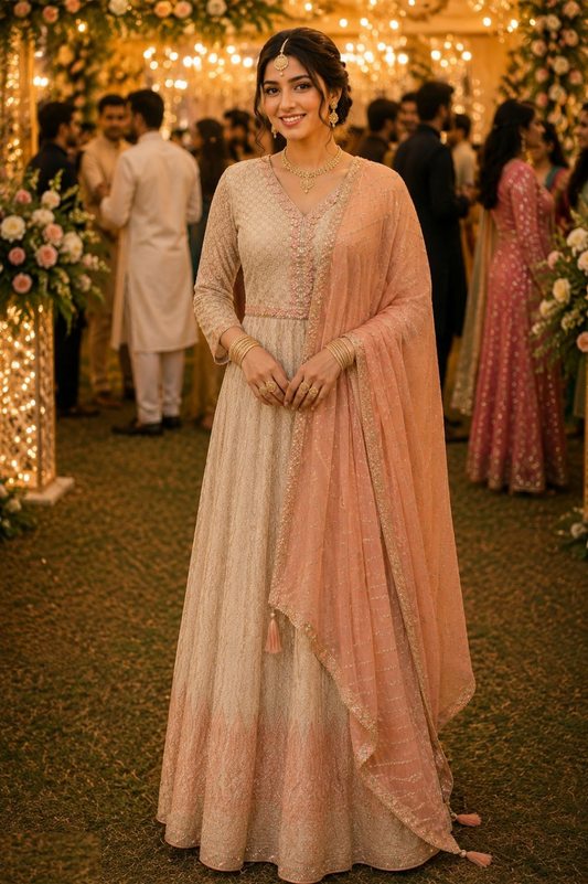 Glamorous Peach Georgette With Embroidery Work Gown With Dupatta