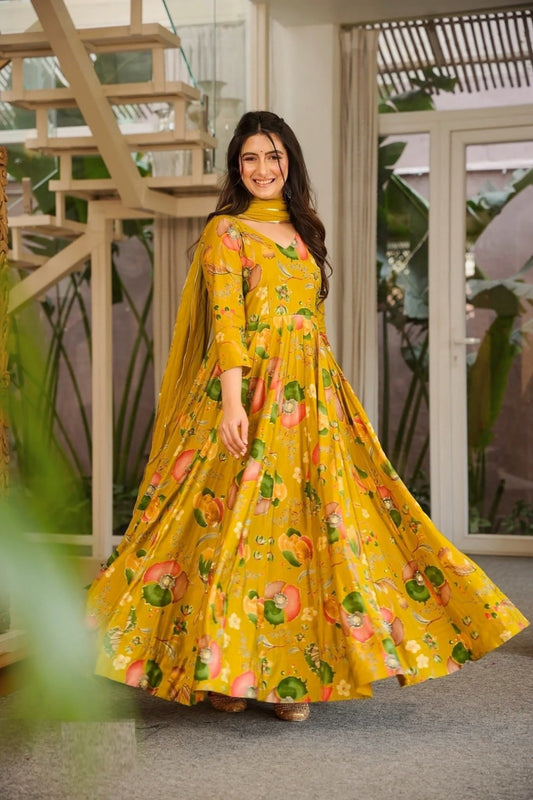 Amazing Mustard Rayon Gown With Dupatta