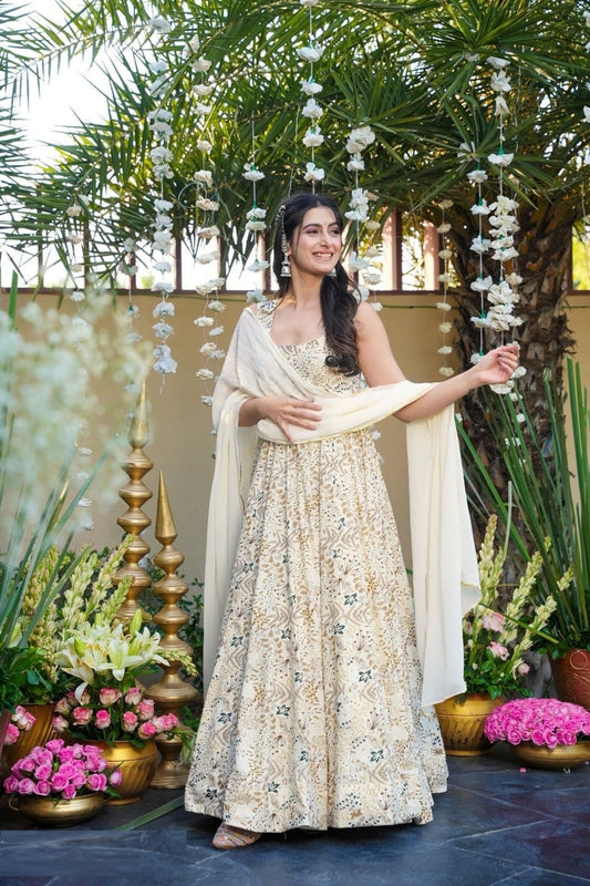 Beautiful White Rayon Gown With Dupatta