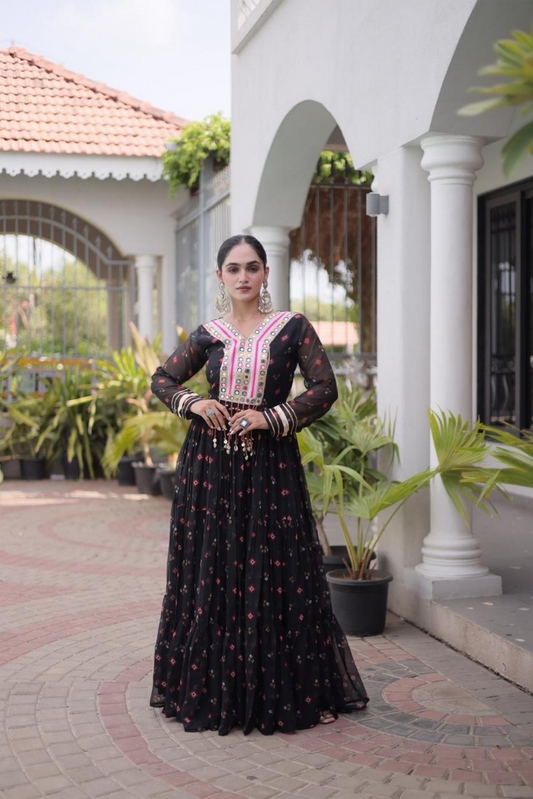 Statement-Making Black Faux Georgette Navratri Special Gown