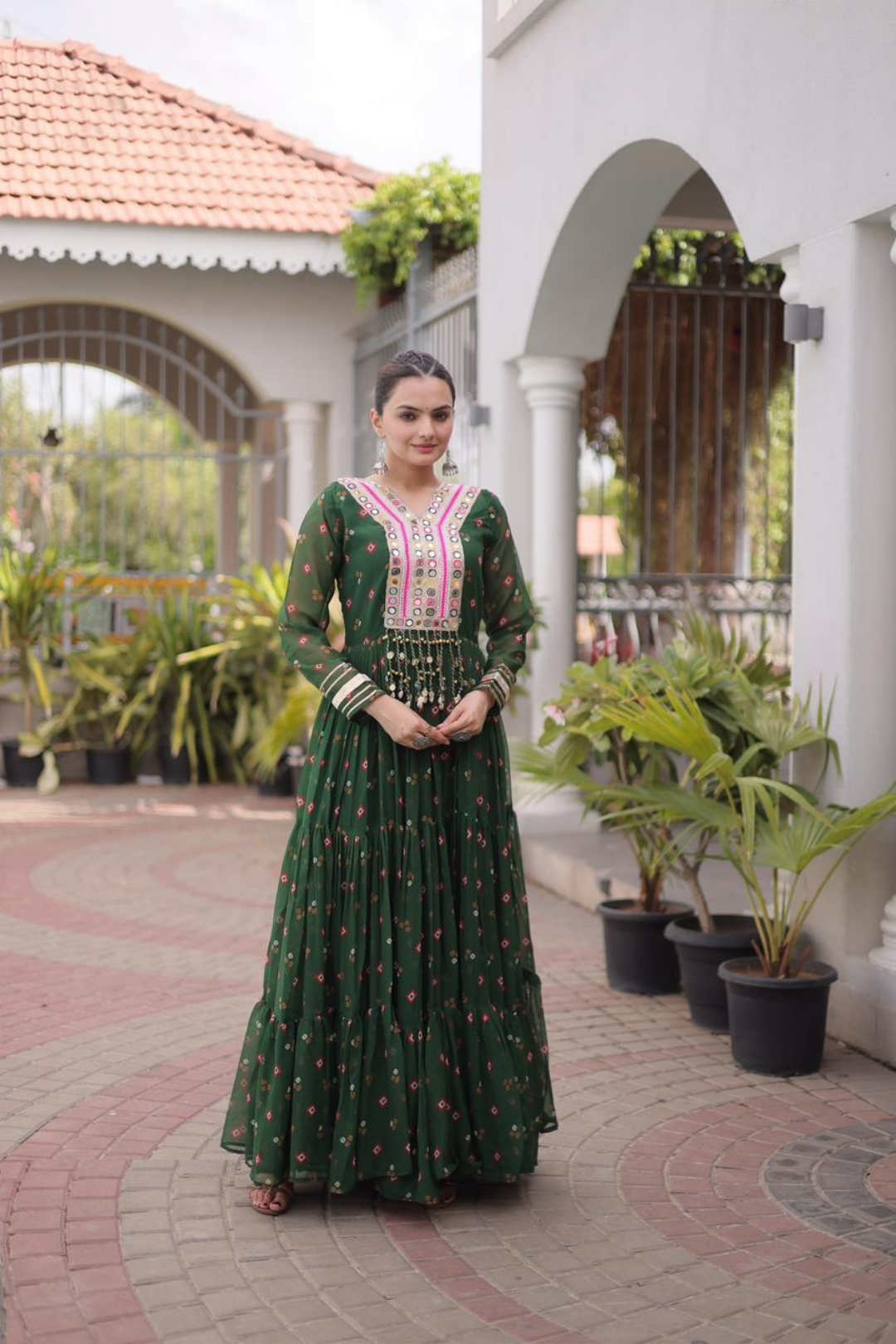 Couture Dark Green Faux Georgette Navratri Special Gown