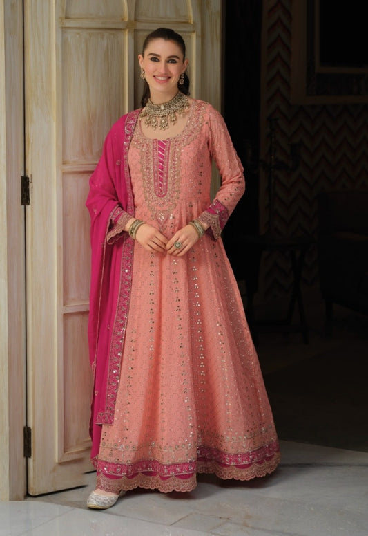 Sumptuous Peach Real Georgette Gown With Dupatta