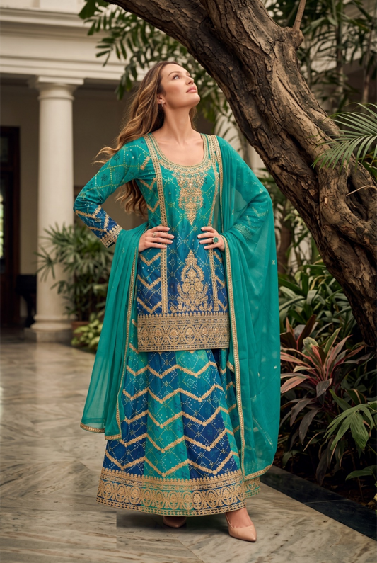 Effortless Teal Heavy Chinon Farshi Salwar Set