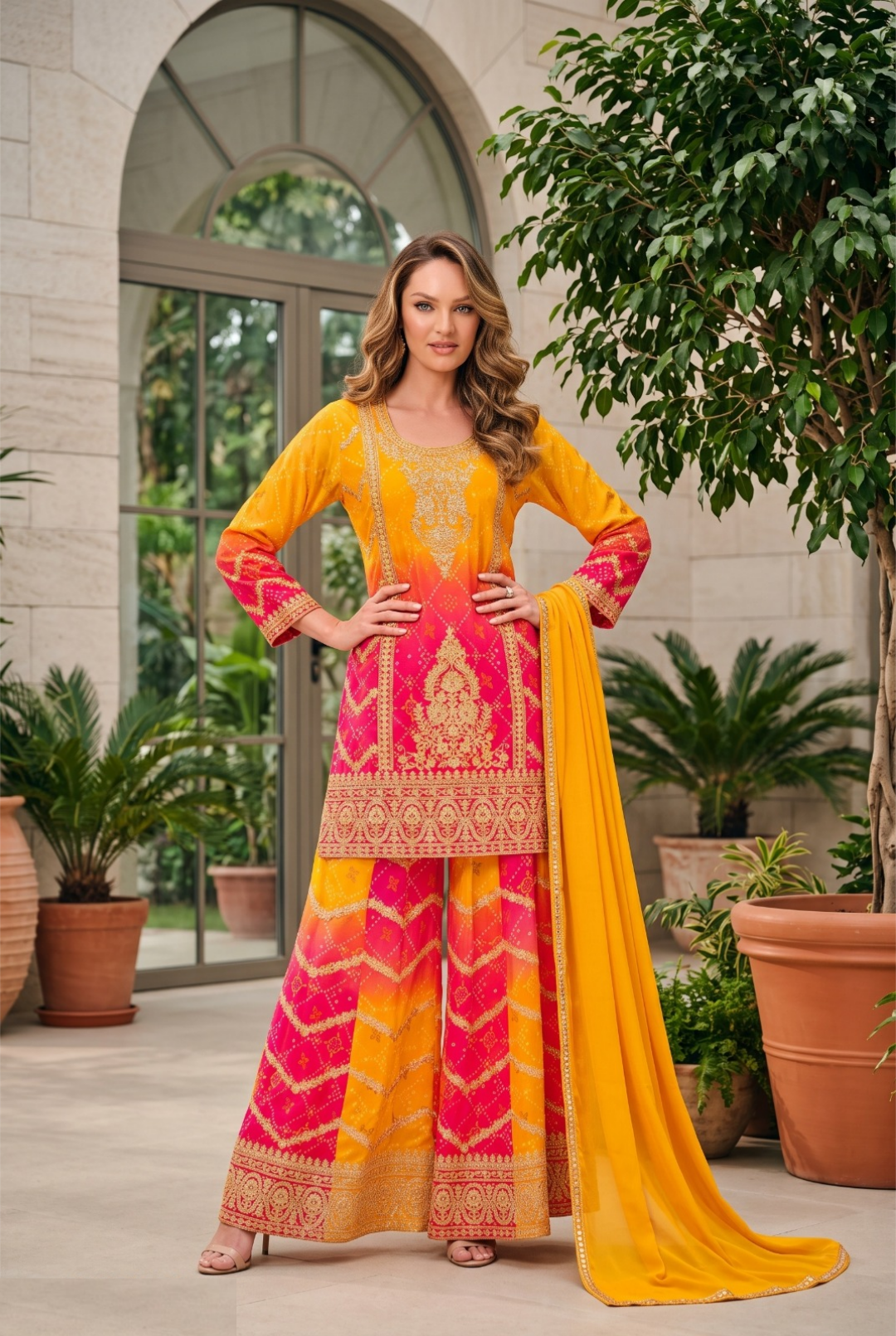 Sublime Yellow Heavy Chinon Farshi Salwar Set
