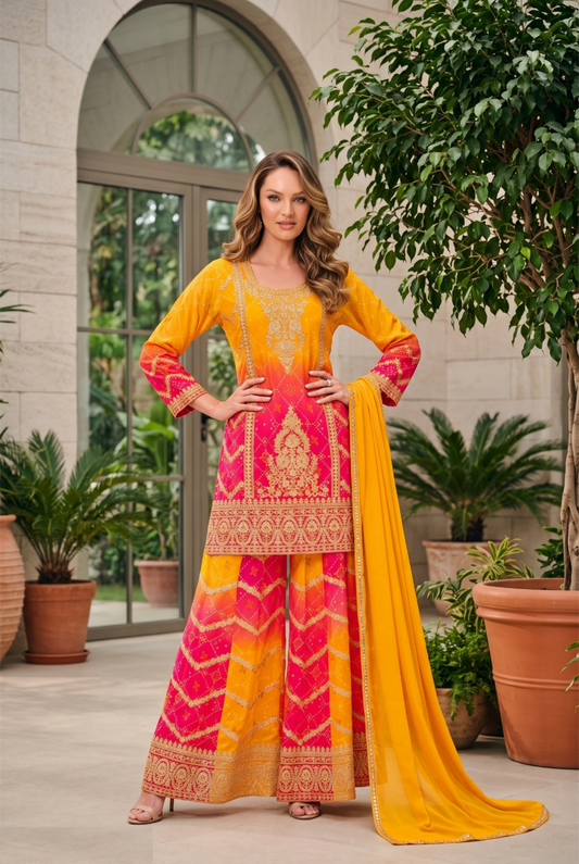 Sublime Yellow Heavy Chinon Farshi Salwar Set