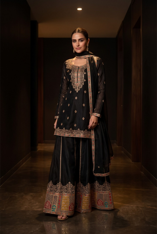Vivid Black Chinon Palazzo Bottom Suit Set