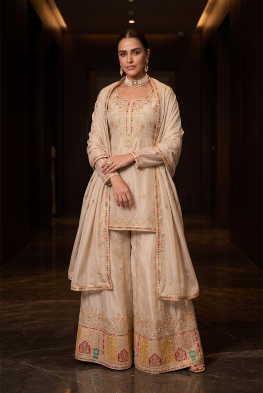 Sculpted Cream Chinon Palazzo Bottom Suit Set