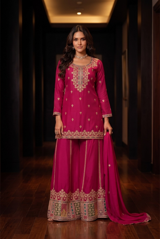 Enchanting Pink Chinon Palazzo Bottom Suit Set