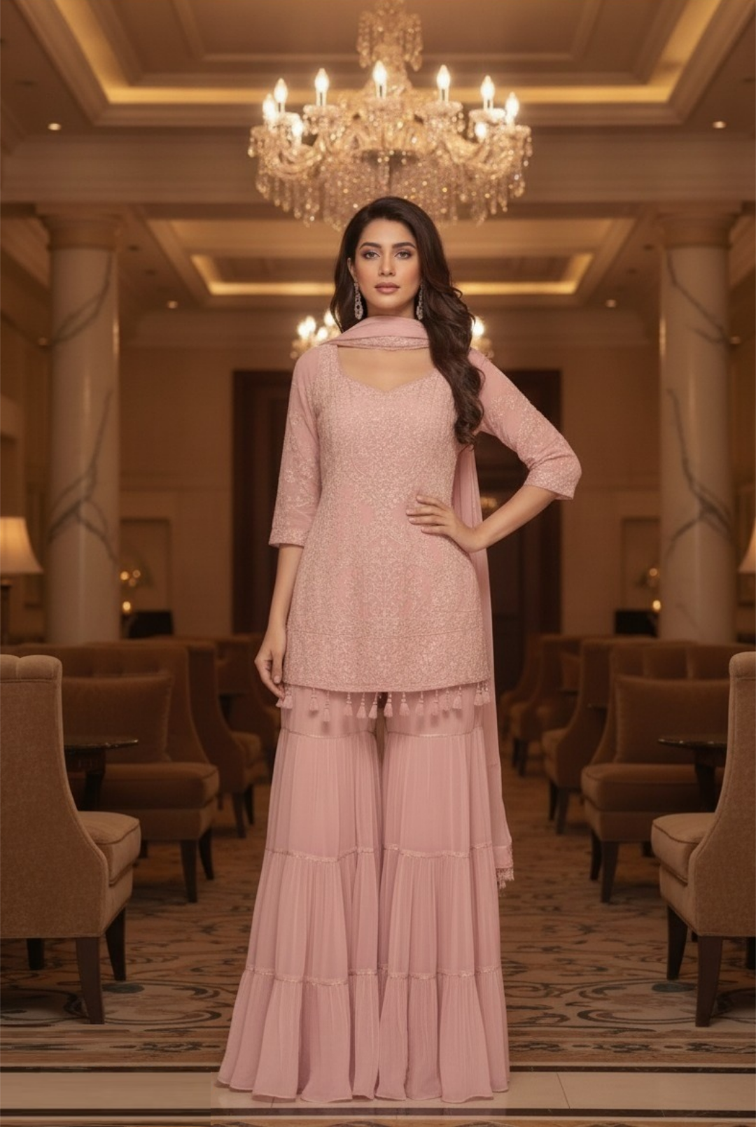 Opalescent Baby Pink Georgette Palazzo Bottom Suit Set