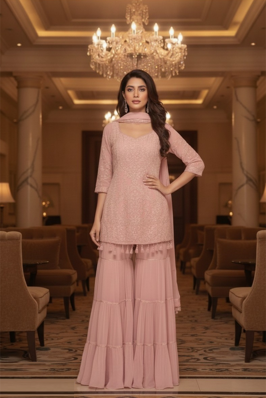Opalescent Baby Pink Georgette Palazzo Bottom Suit Set