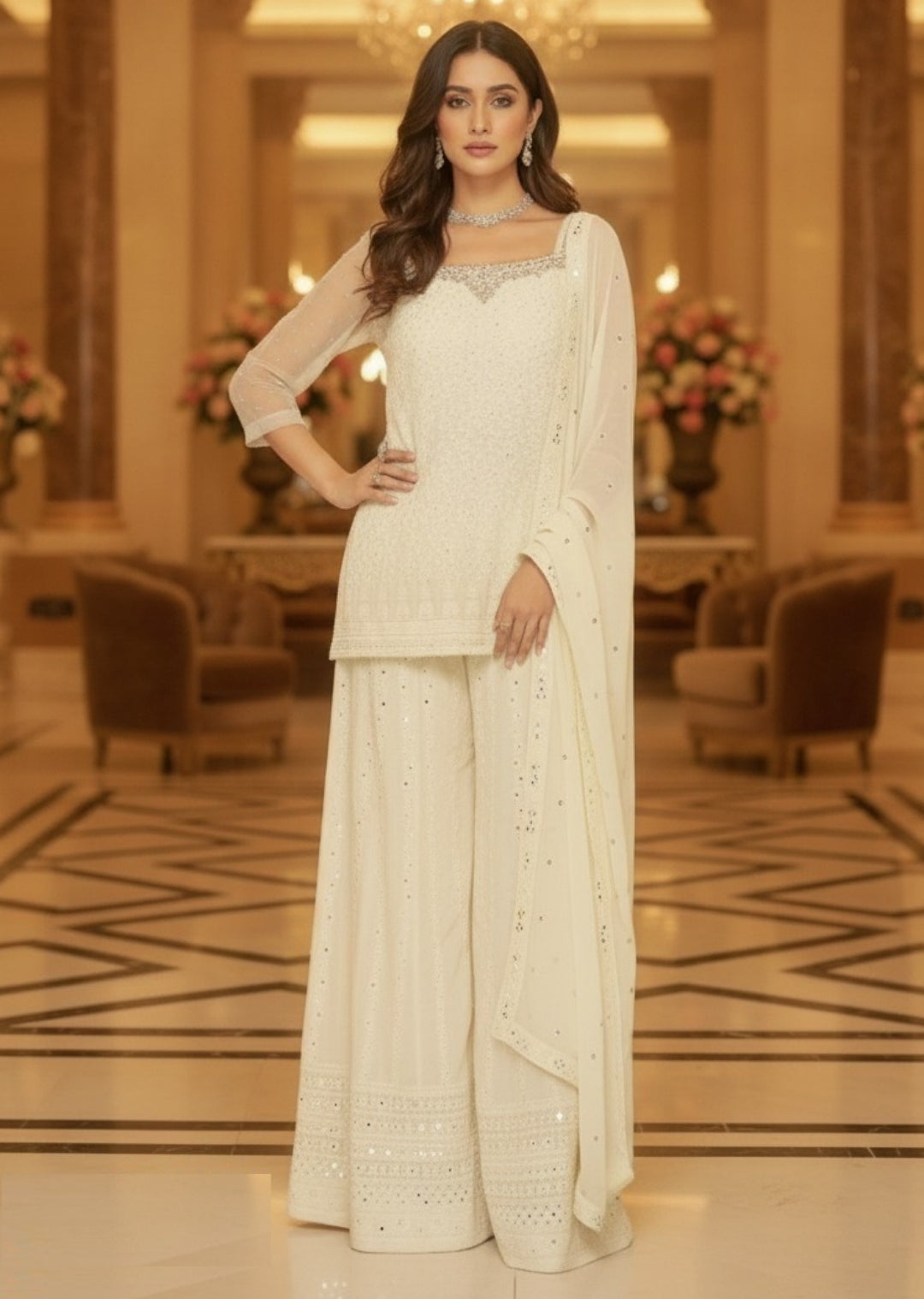 Luxe Off White Georgette Palazzo Bottom Suit Set