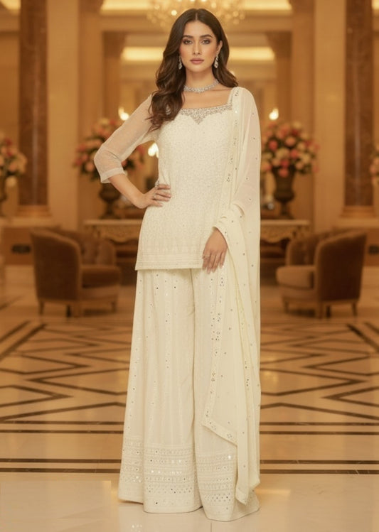 Luxe Off White Georgette Palazzo Bottom Suit Set