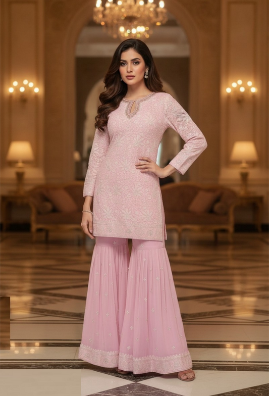 Immaculate Light Pink Georgette Palazzo Bottom Suit Set